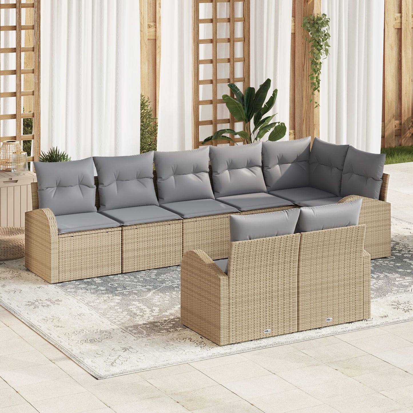 8-Delige Tuinbank Set Met Kussens Poly Rattan Beige en grijs zonder tafel