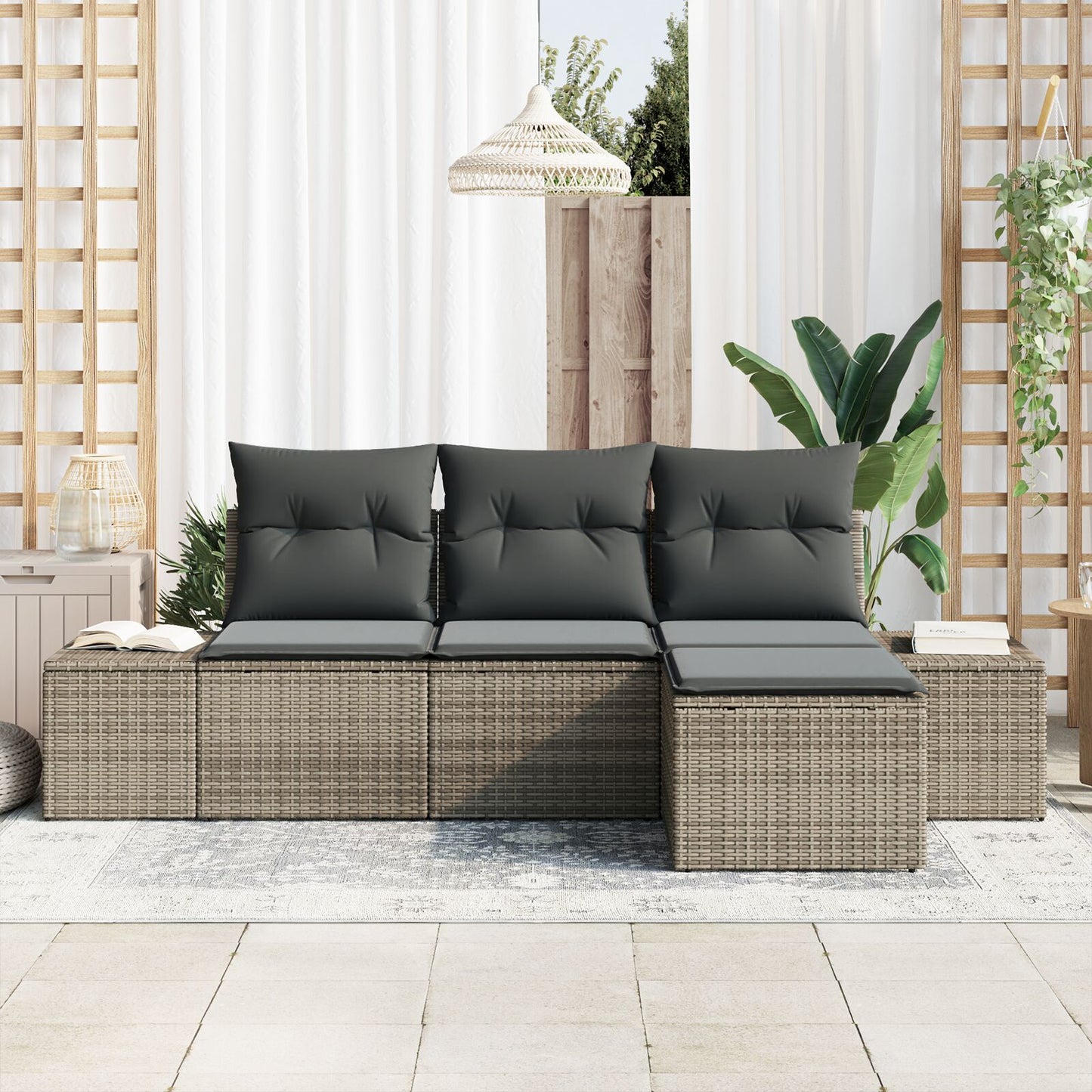 4-Delige Tuin Sofa Set Met Kussens Grijs Poly Rattan