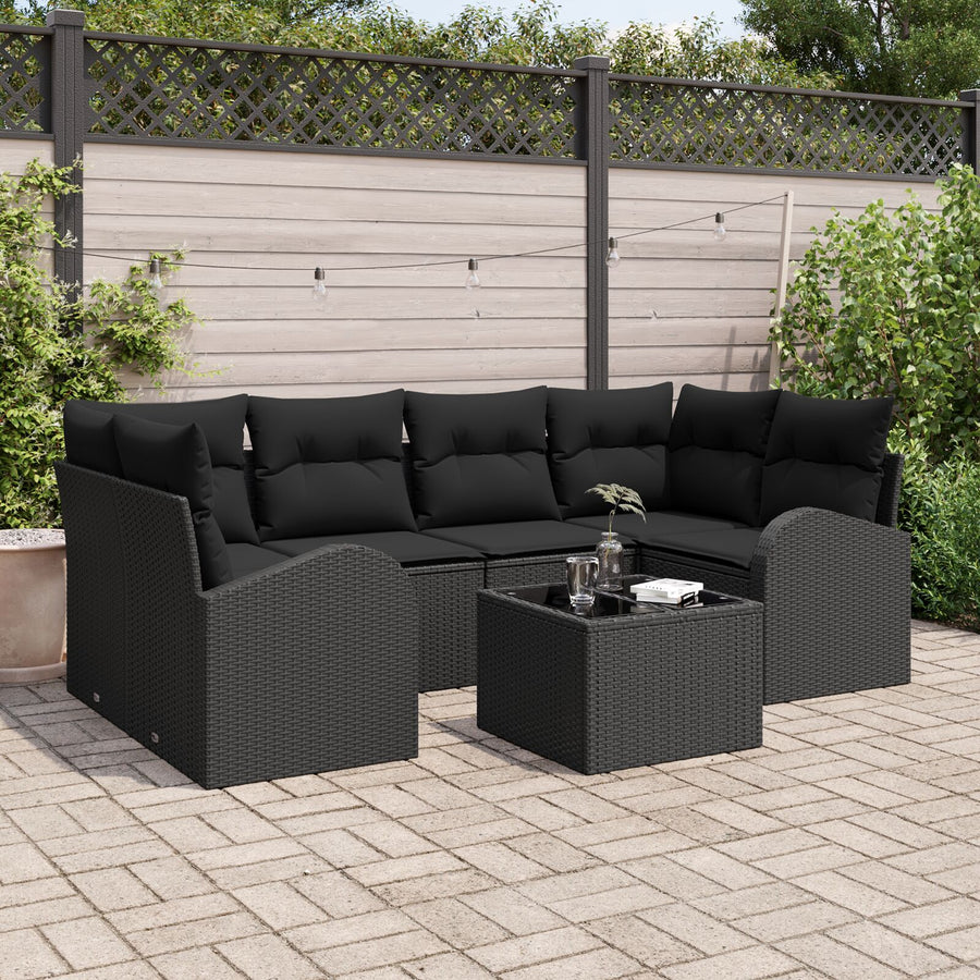 7-Delige Tuinbankset Met Kussens Zwart Poly Rattan
