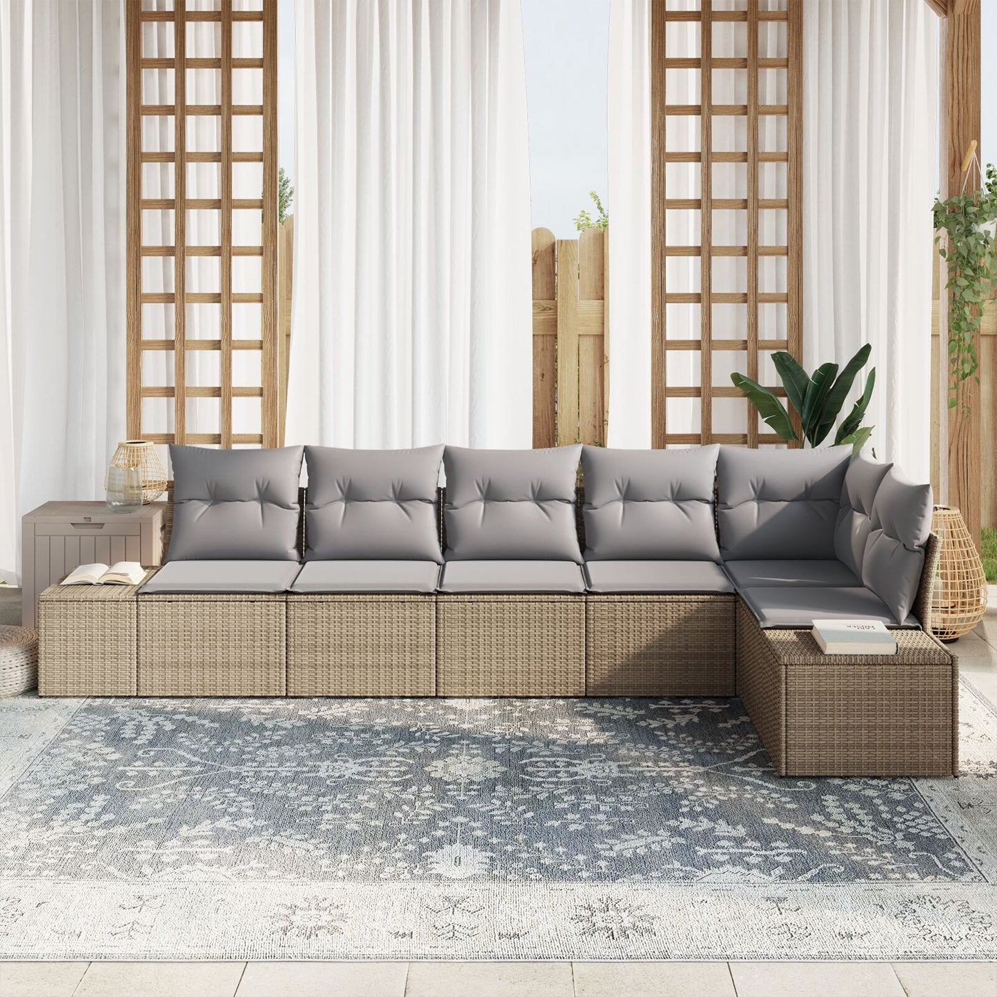 6-Delige Tuin Sofa Set Met Kussens Poly Rattan Beige en grijs zonder tafel