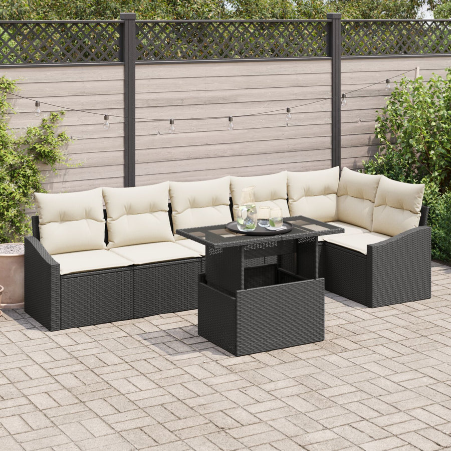 7-Delige Tuin Bankset Met Kussens Zwart Poly Rattan