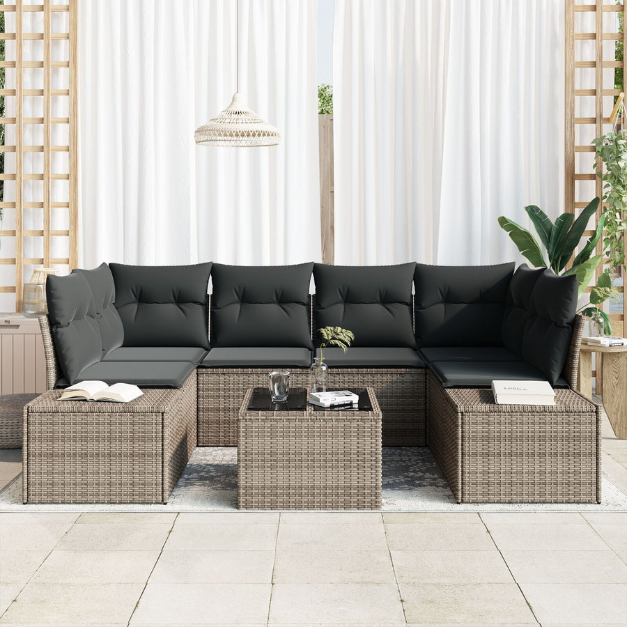7-Delige Tuinbankset Met Kussens Grijs Poly Rattan