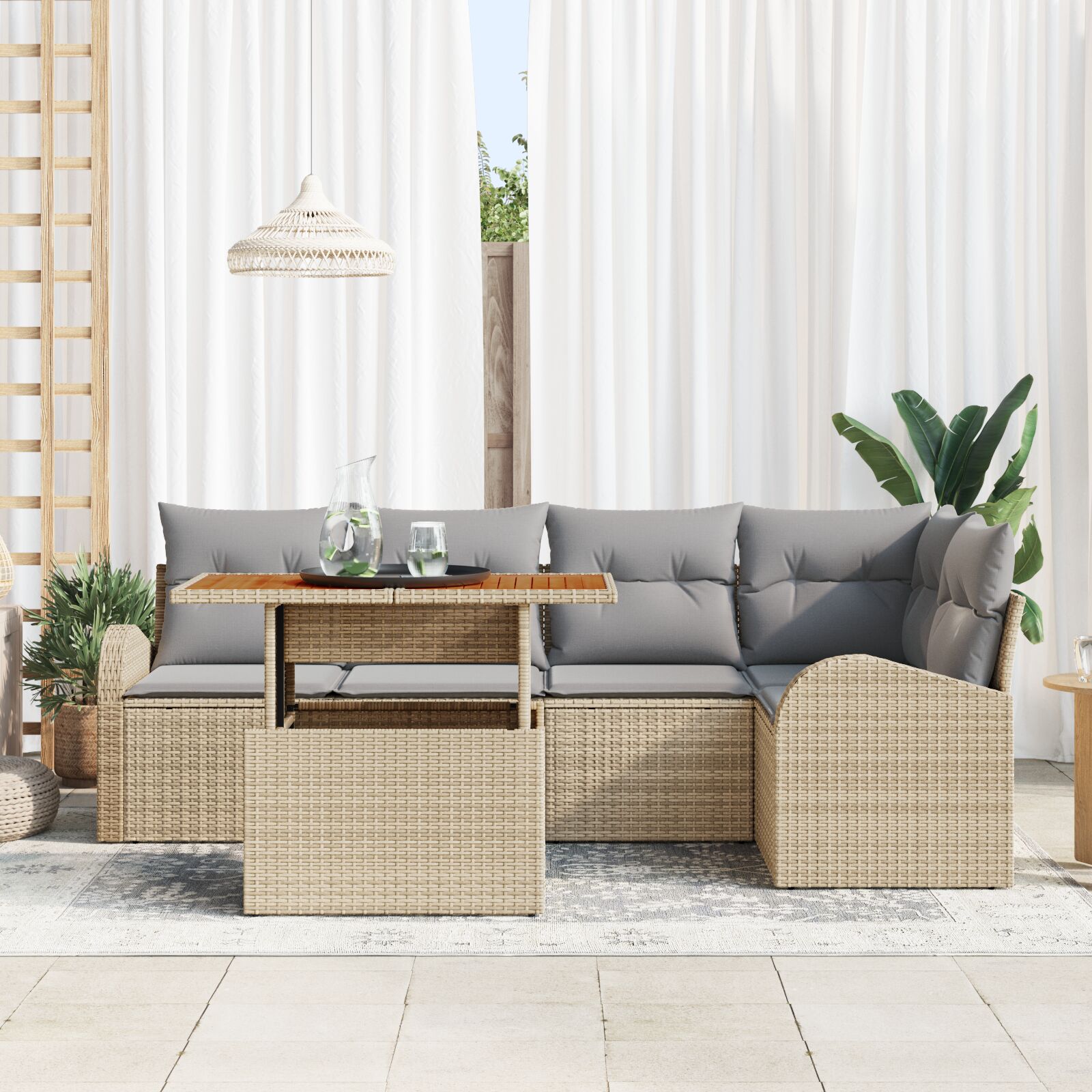 6-Delige Tuin Eettafelset Met Kussens Beige Poly Rattan Acacia
