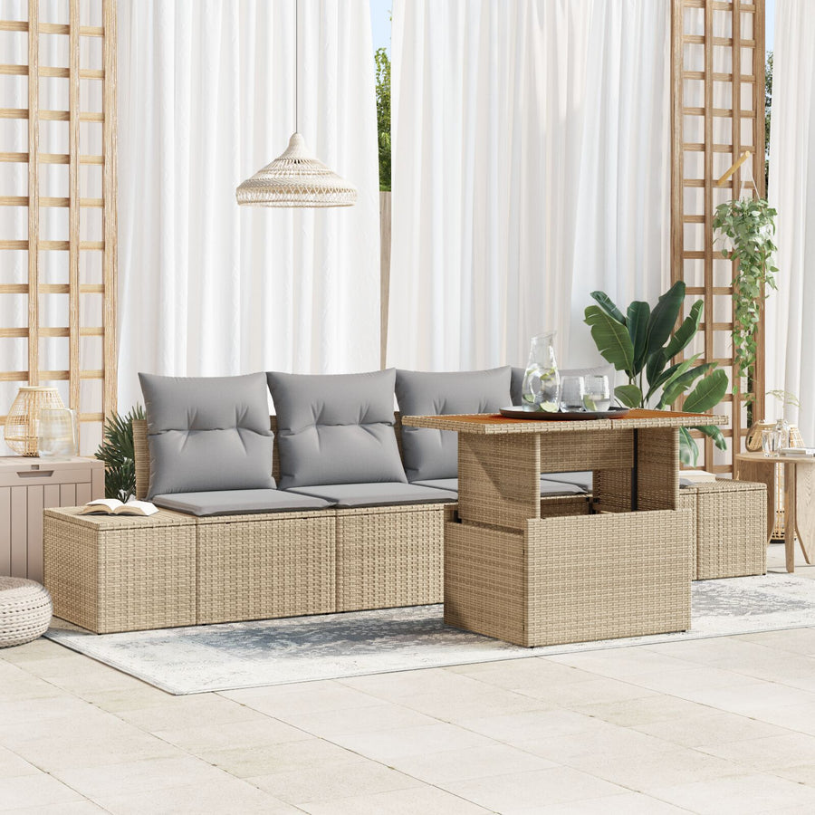 Tuin Sofa Set Set Van 5 Beige Rattan Tuin Eetset Rechthoekig