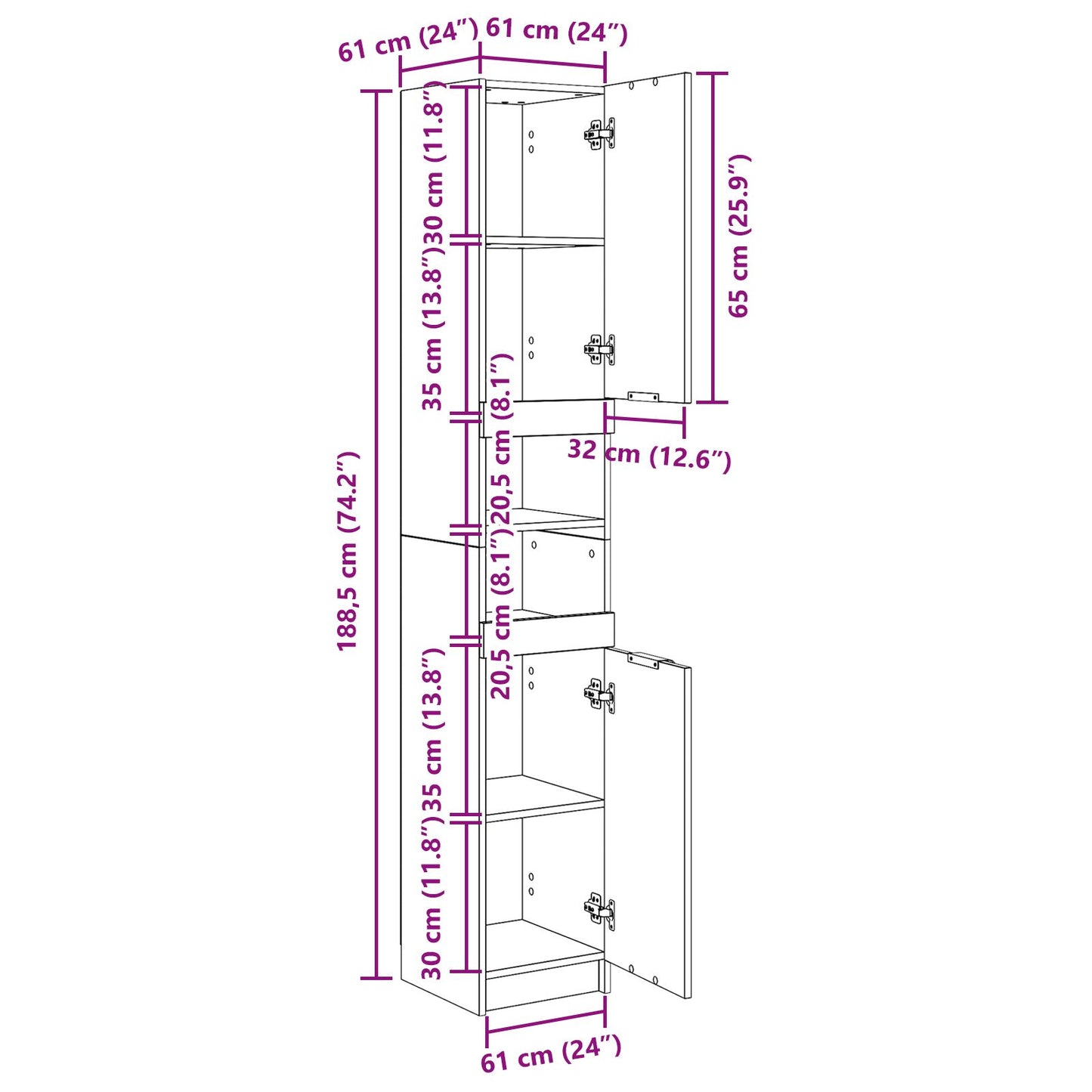 Zwarte Eiken Badkamerkast - 32X34X188,5 Cm Zwart eiken