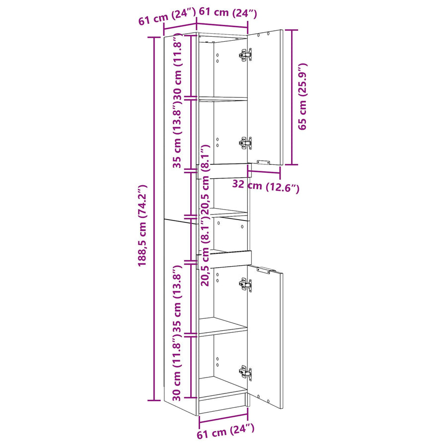 Zwarte Eiken Badkamerkast - 32X34X188,5 Cm Zwart eiken