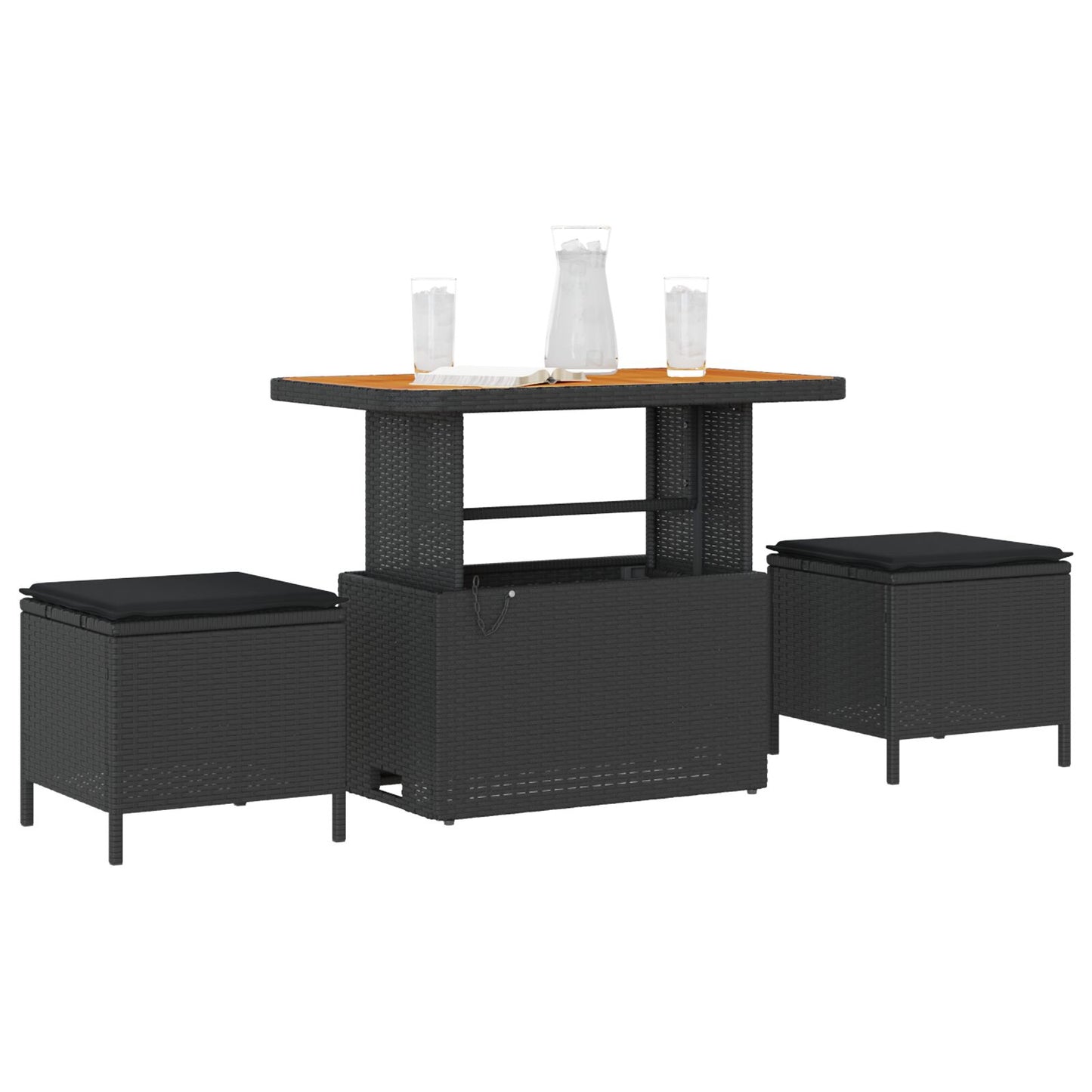 3-Delige Tuin Dineerset Met Kussens Poly Rattan Acaciahout 90 cm Zwart 2 stools