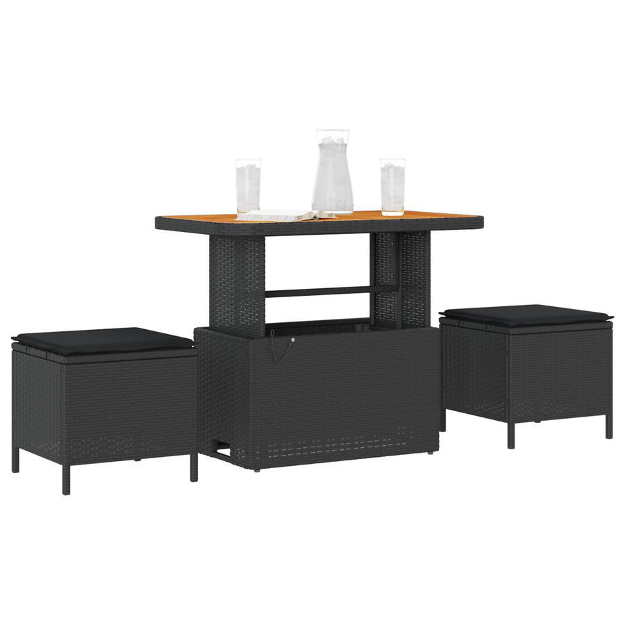 3-Delige Tuin Dineerset Met Kussens Poly Rattan Acaciahout 90 cm Zwart 2 stools
