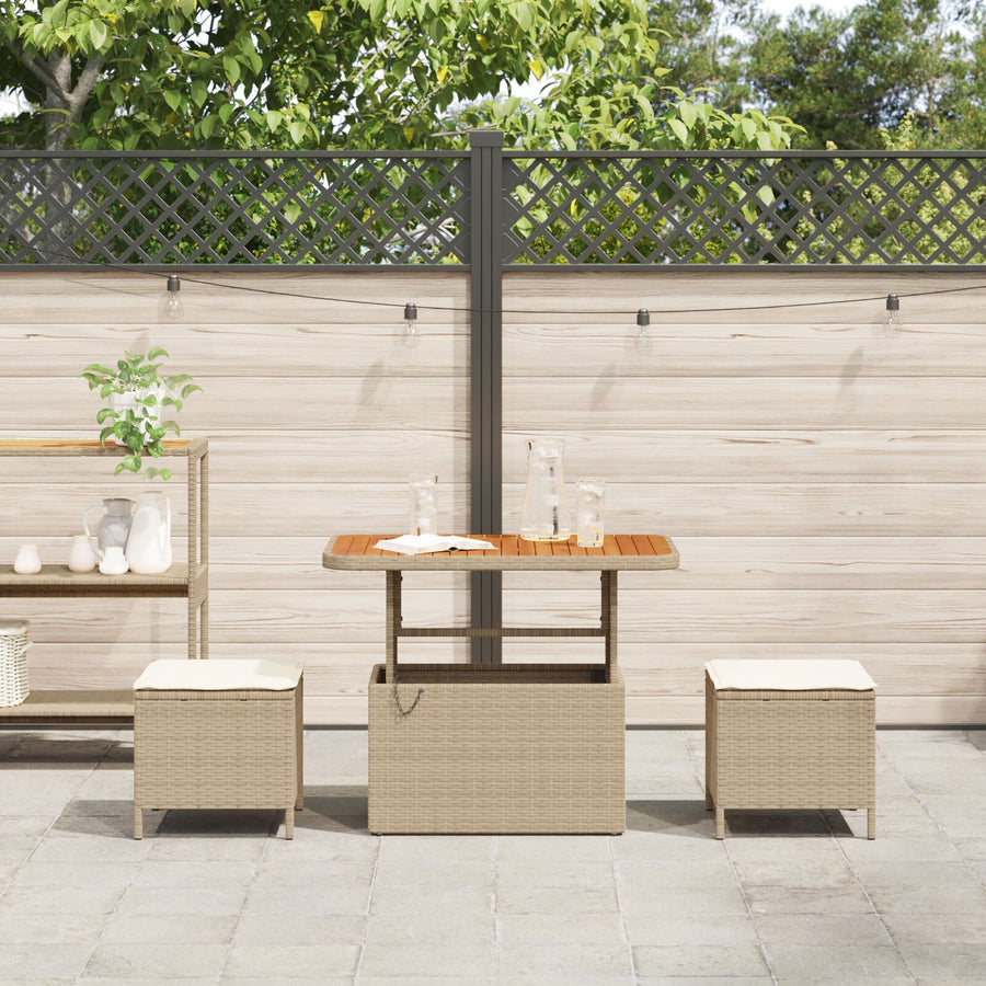 3-Delige Tuin Eettafel Set Met Kussens Poly Riet Acacia 90 cm Beige en crème 2 krukken