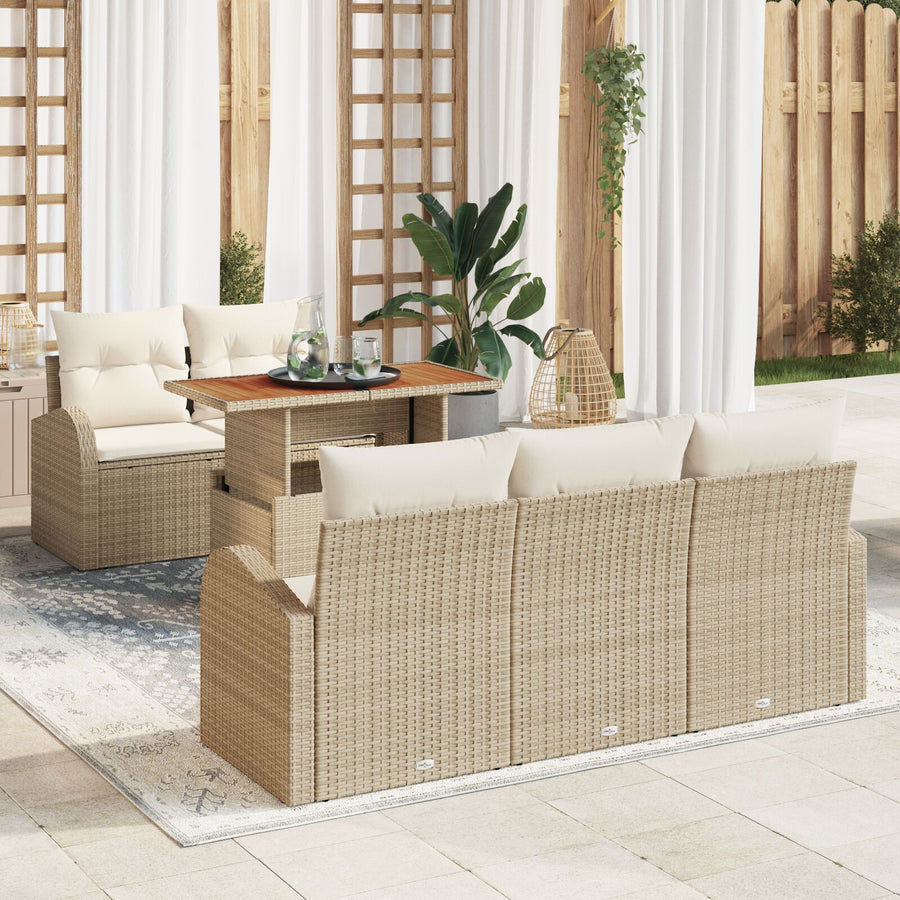 6-Delige Tuin Eetset Met Kussens Beige Poly Rattan Acacia