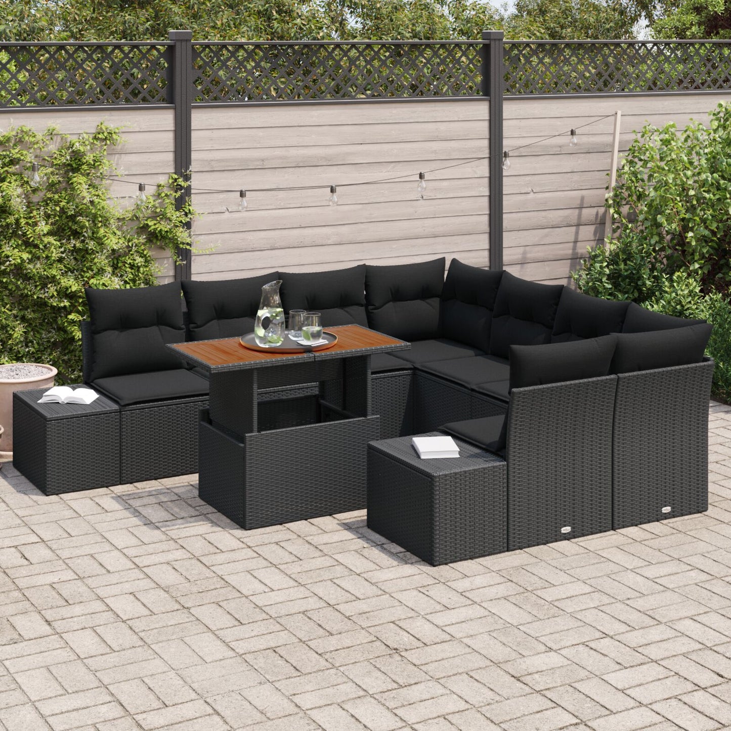 Tuinbank Set Set Van 9 Zwart Wicker, Stof 4-Zits Tuin Bank