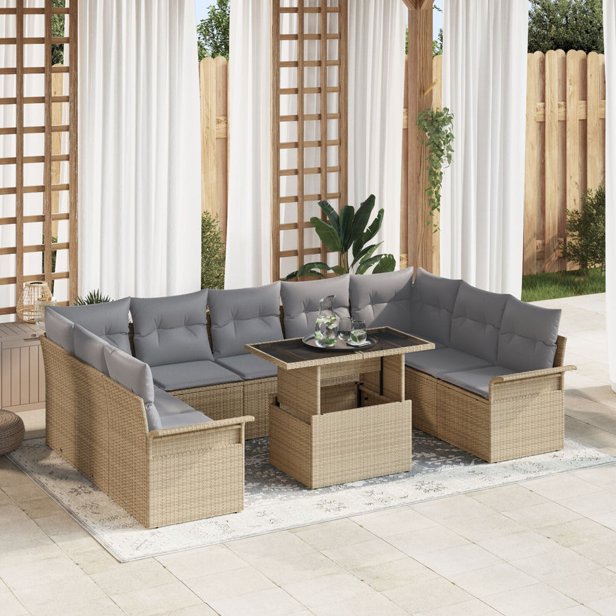 10-Delige Tuinbankset Met Kussens Beige Poly Rattan