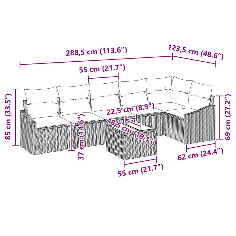 7-Delige Tuinsofa Set Met Kussens Beige Poly Rattan Zwart met tafel