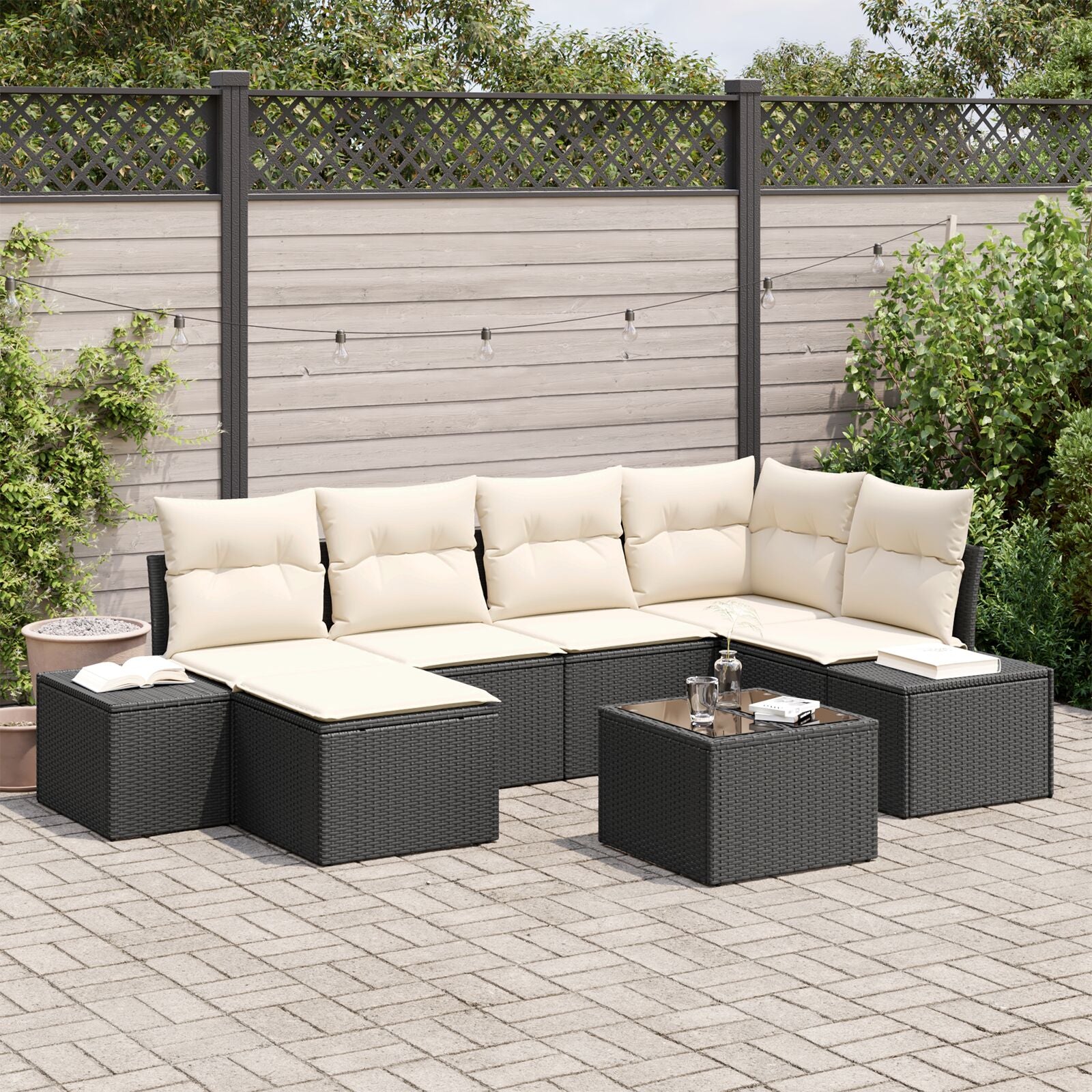 Tuin Sofa Set Set Van 7 Zwart En Crème Rattan, Polyester