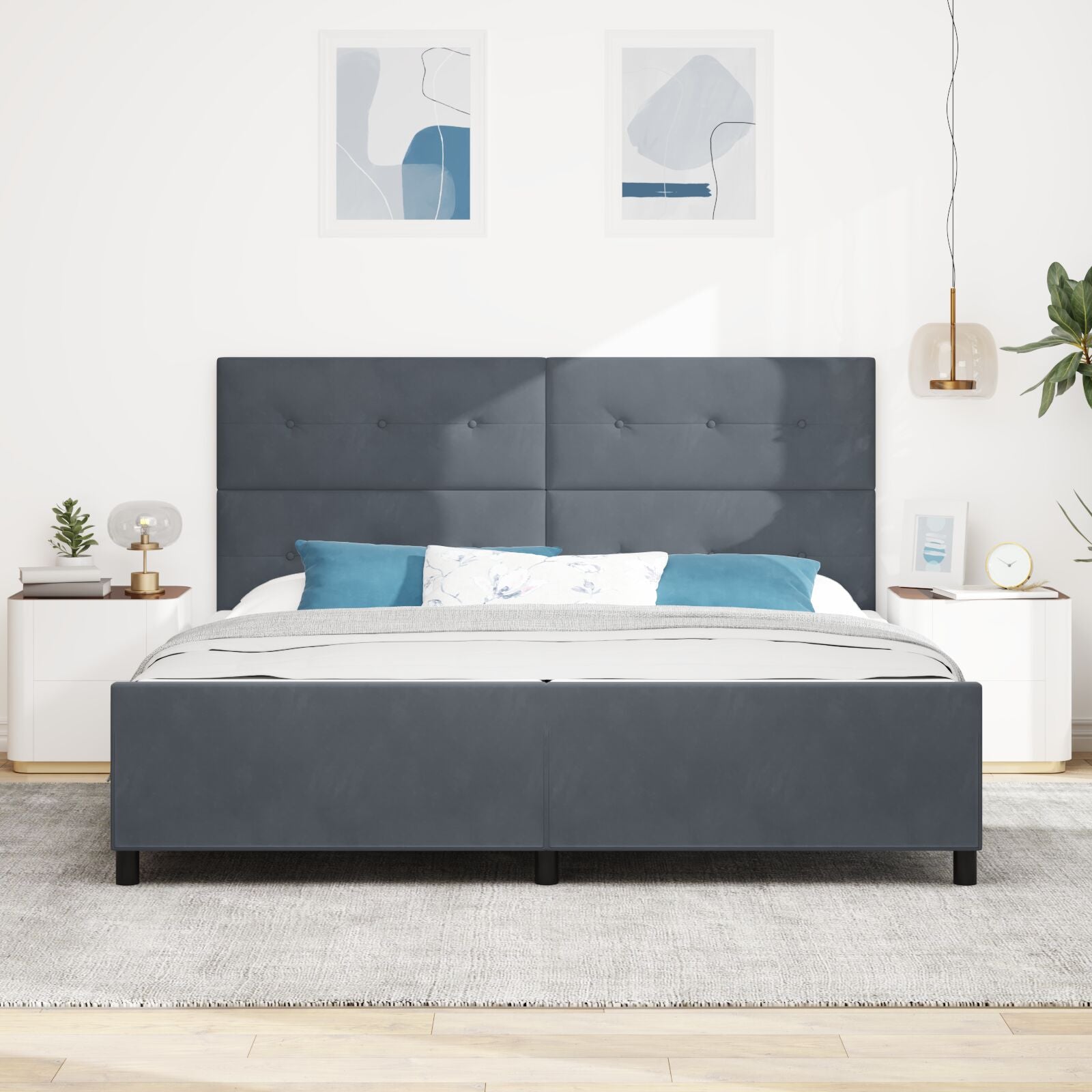 Bed Frame Donkergrijs 200X200 Cm Velvet Crème