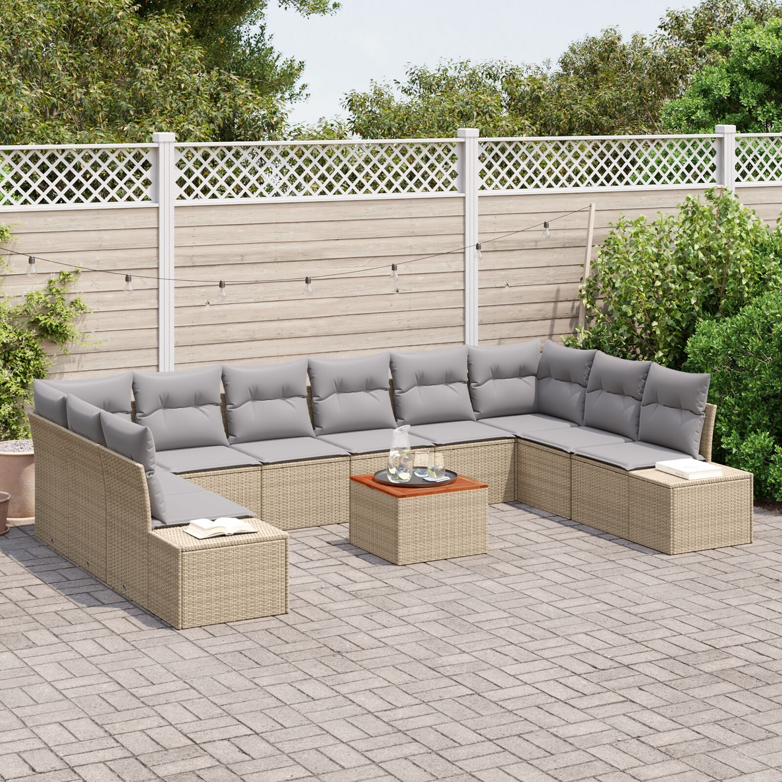 11-Delige Tuinbank Set Met Kussens Beige Poly Riet Acacia