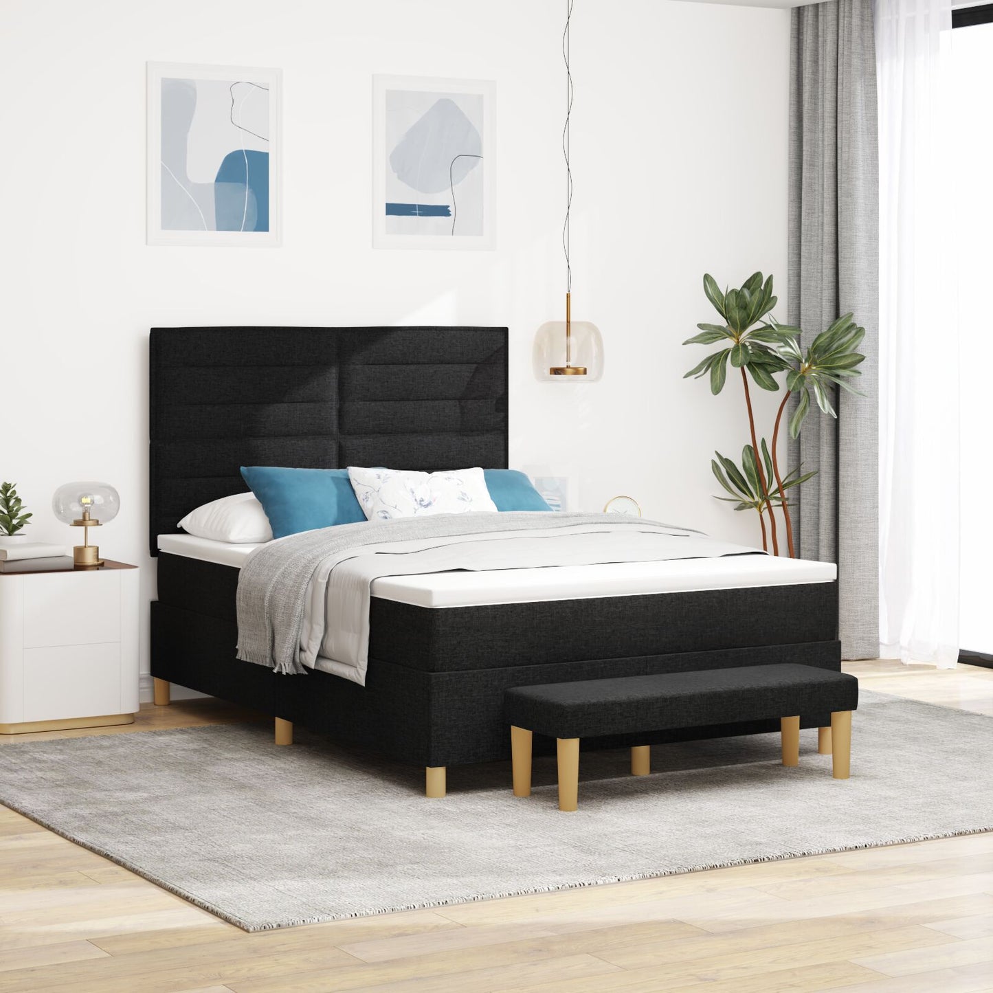 Boxspring Bed Met Matras En Bank Stof Zwart 140 x 200 cm Lijnen ontwerp