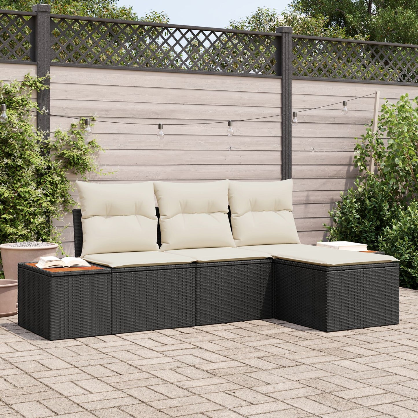 4-Delige Tuin Sofa Set Met Kussens Zwart Poly Rattan Acacia