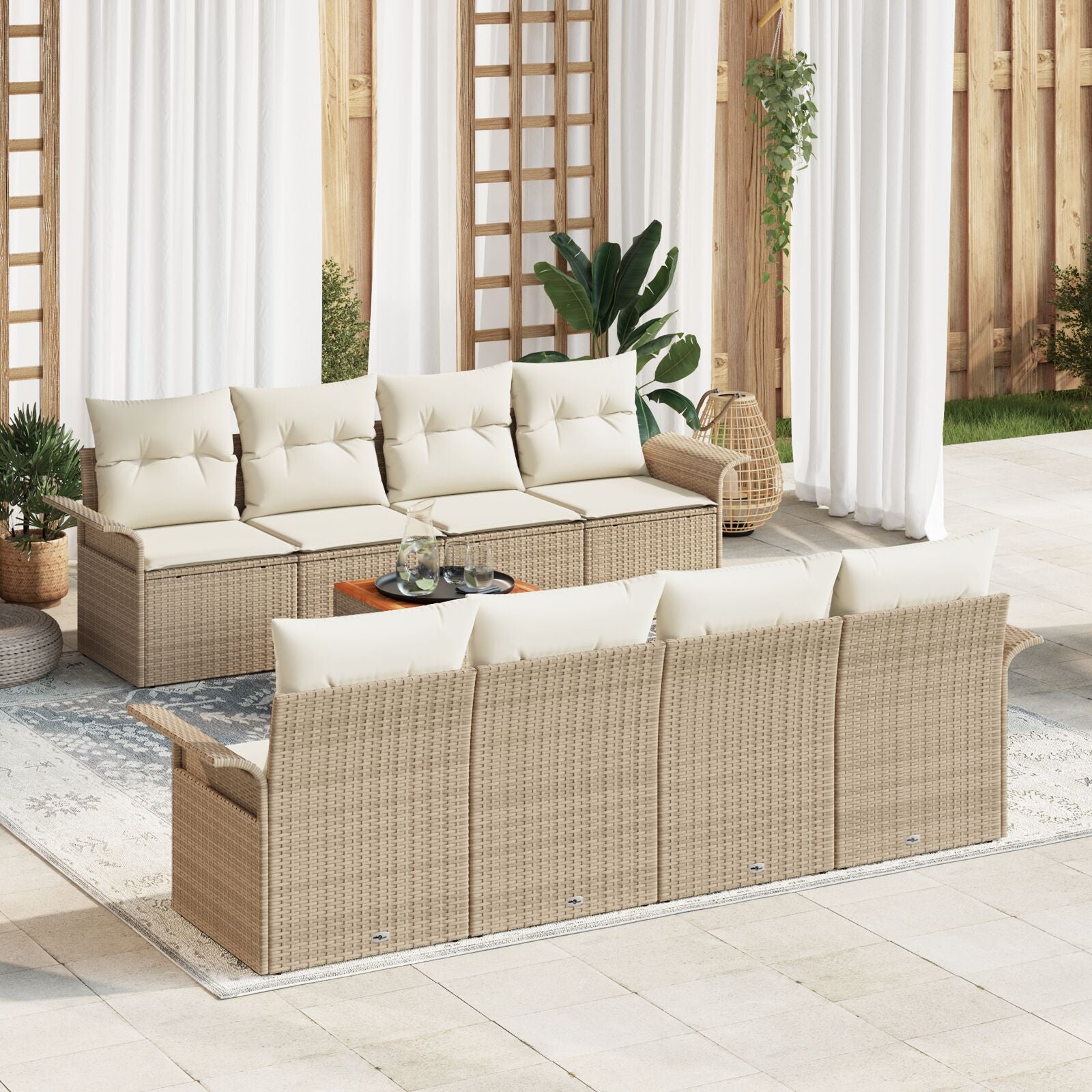 9-Delige Tuinsofa Set Met Kussens Beige Poly Rattan Acacia