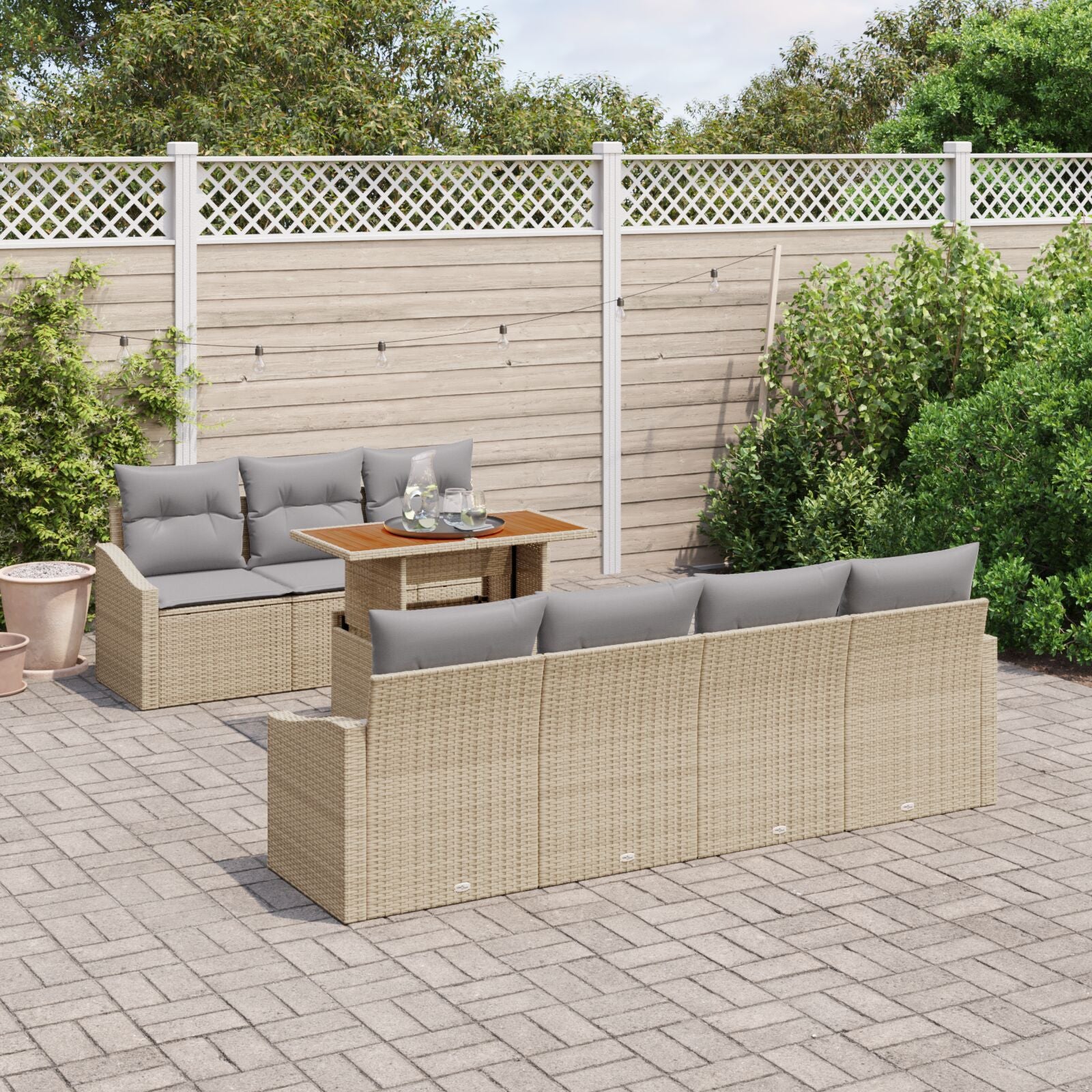 8-Delige Tuin Eettafelset Met Kussens Beige Poly Rattan Acacia