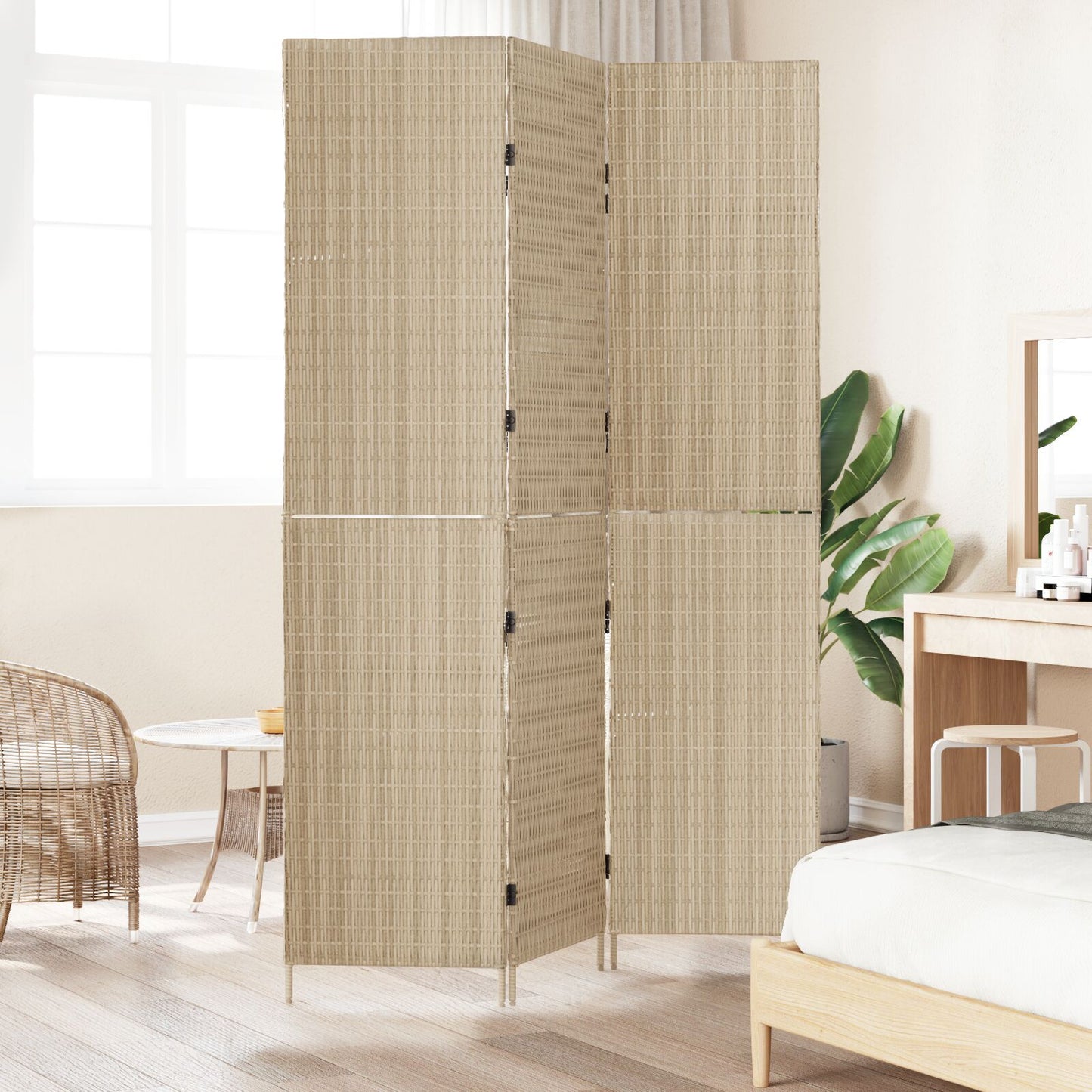 Ruimteverdeler 3 Panels Vouwbaar 146X Poly Riet 200 cm Beige 3 panelen