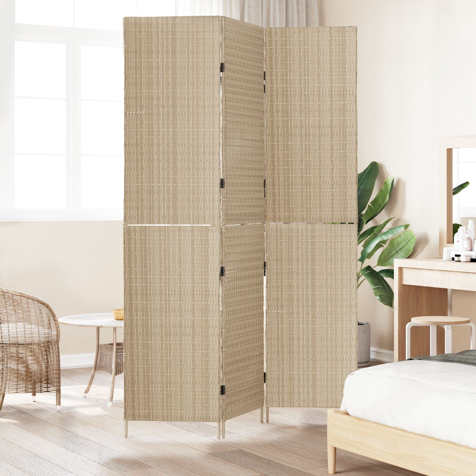 Ruimteverdeler 3 Panels Vouwbaar 146X Poly Riet 200 cm Beige 3 panelen