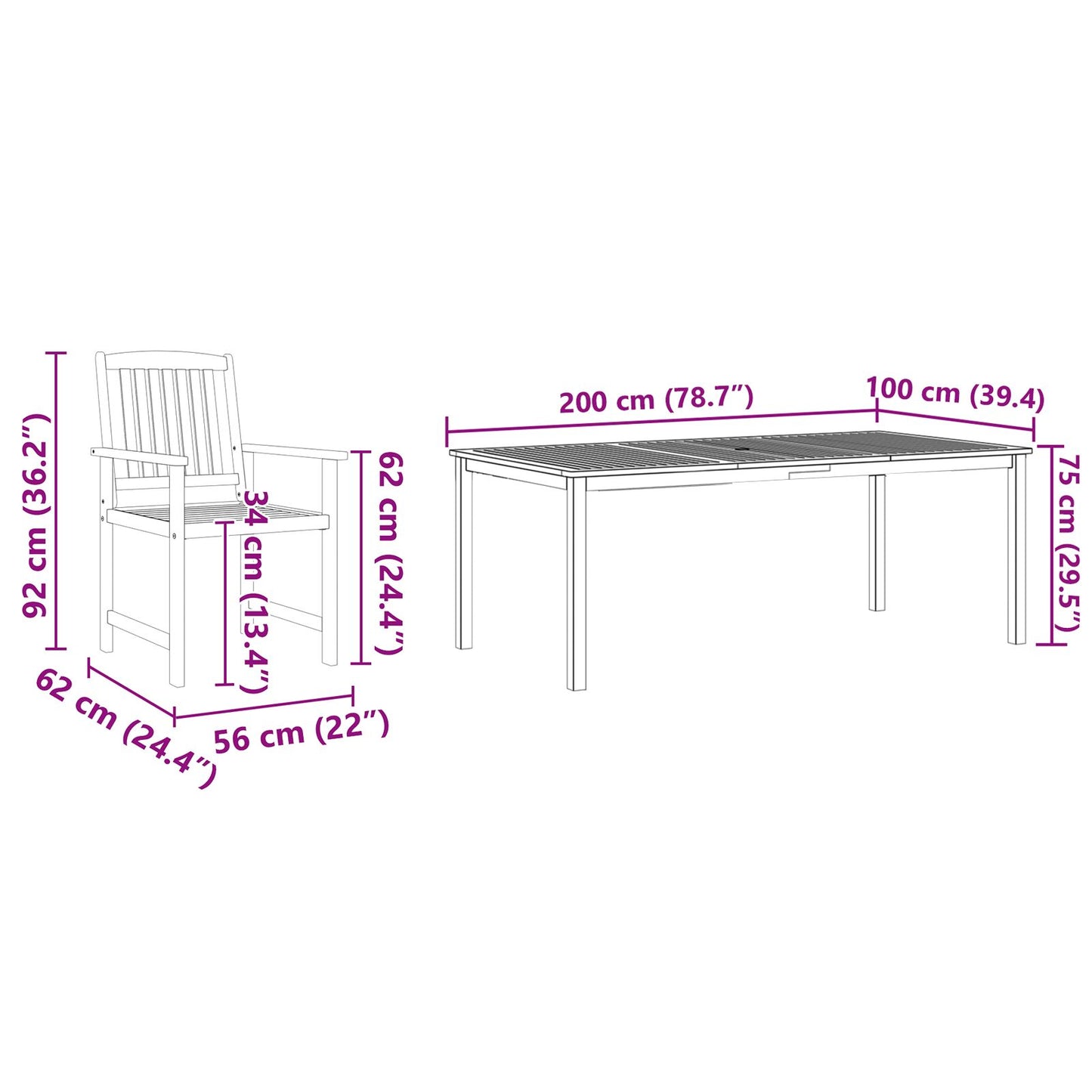7-Delige Tuin Eetset Van Massief Acaciahout 6-Persoons Tafel van 180 cm lang