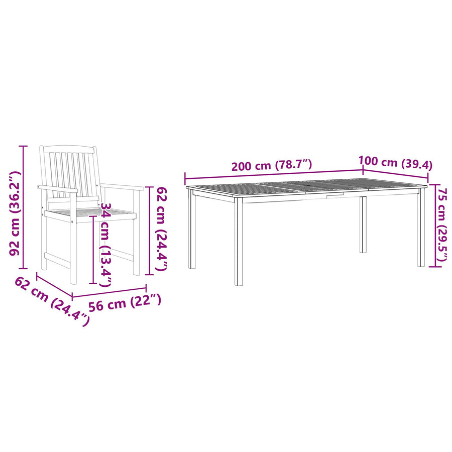 7-Delige Tuin Eetset Van Massief Acaciahout 6-Persoons Tafel van 180 cm lang
