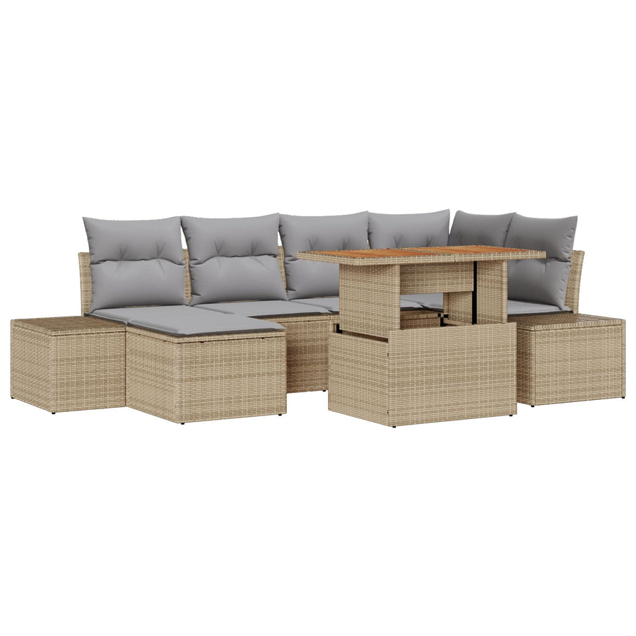 7-Delig Tuin Dining Set Met Kussens Beige Poly Rattan Acacia