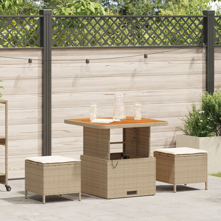 3-Delige Tuin Eetset Met Kussens Poly Rattan Acacia 80 cm Beige en crème 2 krukken