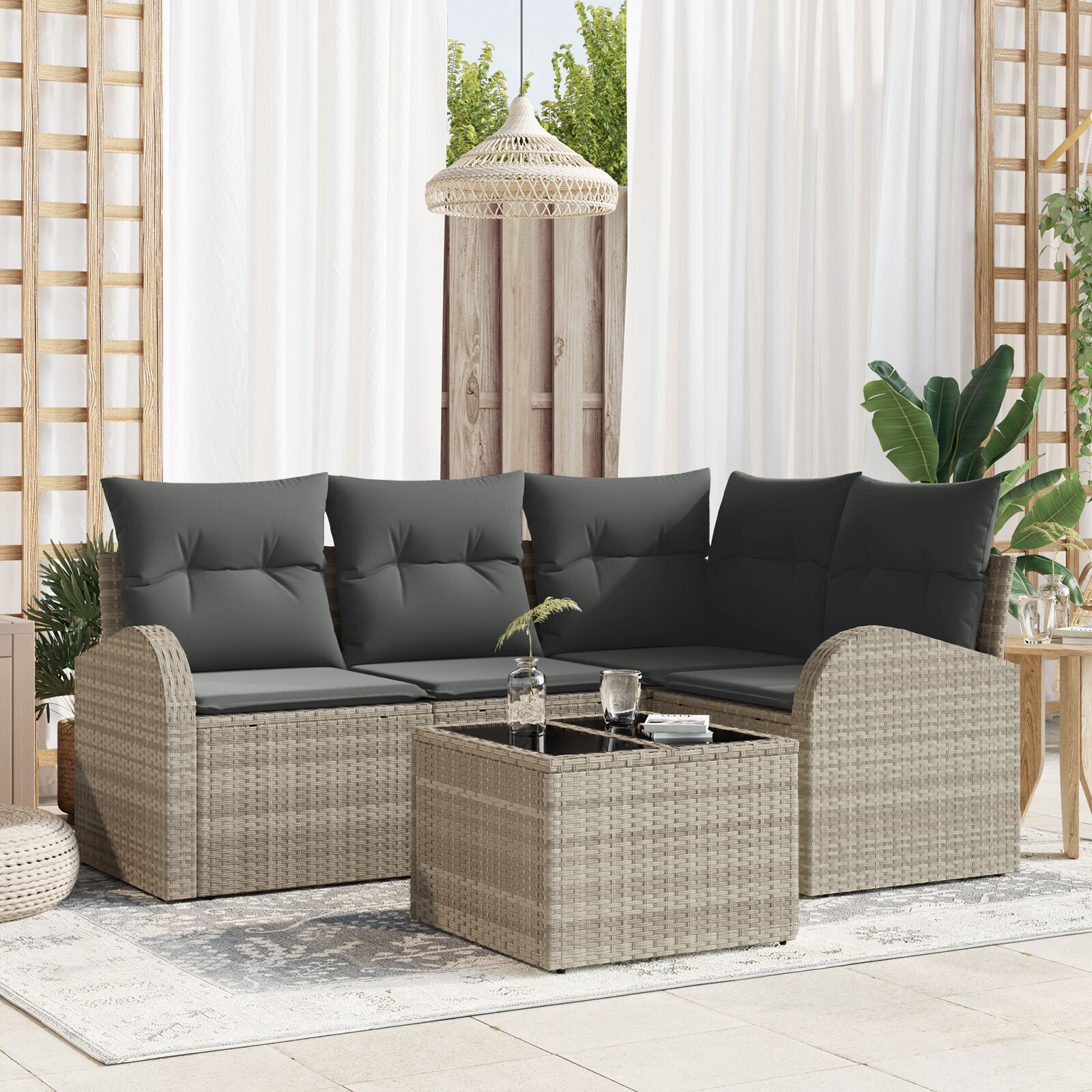 5 Delige Tuin Sofa Set Met Kussens Grijs Poly Rattan Lichtgrijs met tafel