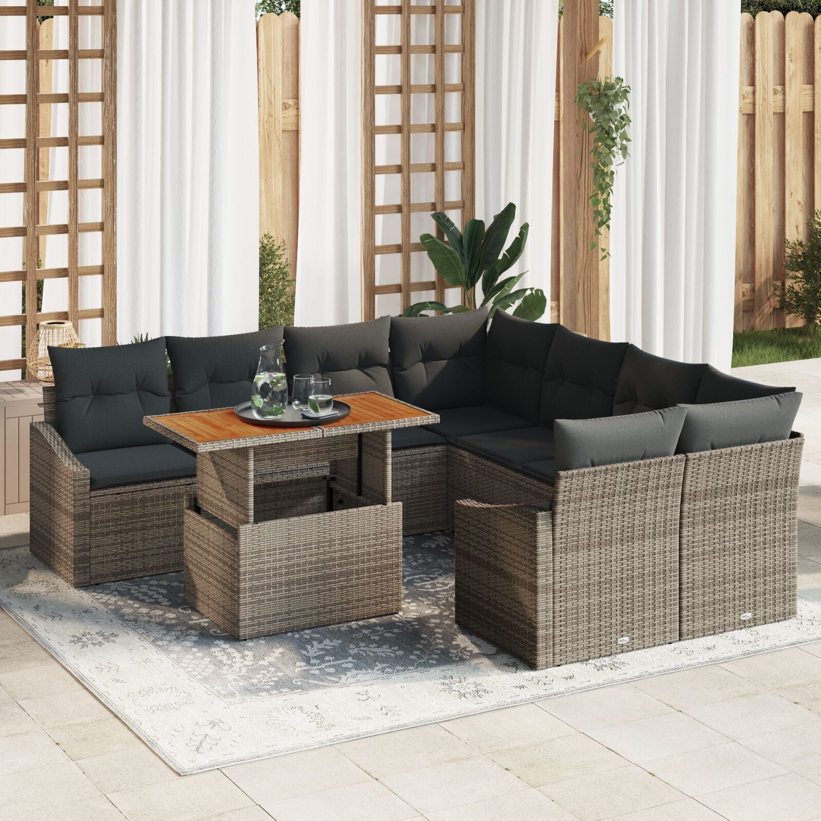 9-Delige Tuin Eettafel Set Met Kussens Grijs Poly Riet Acacia