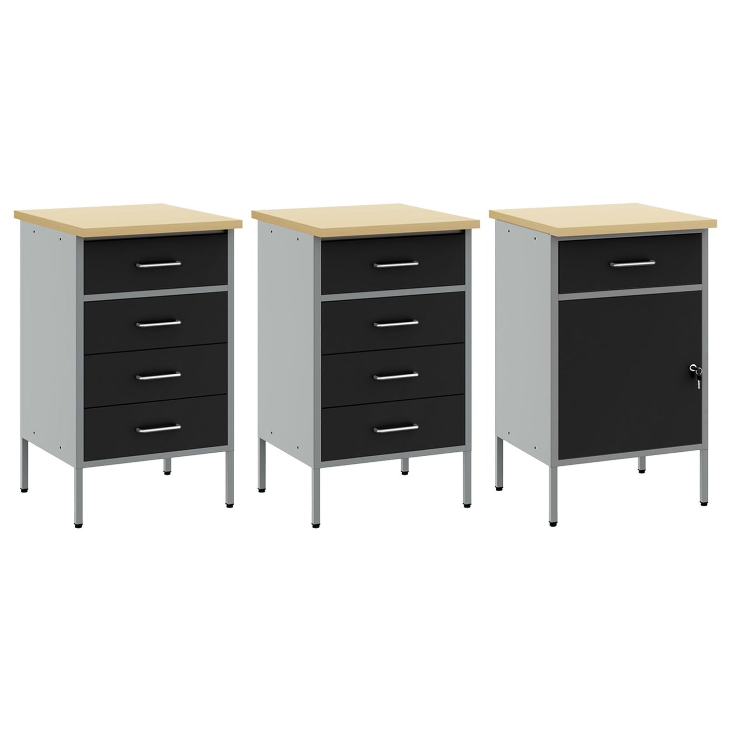 3-Delige Werkcabinet Set Zwart En Grijs Gelaagd Hout En Staal
