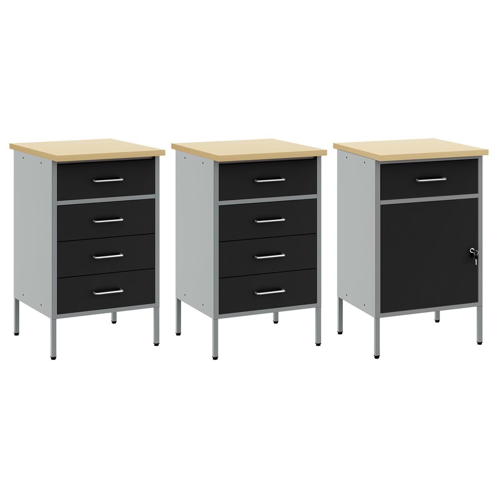 3-Delige Werkcabinet Set Zwart En Grijs Gelaagd Hout En Staal