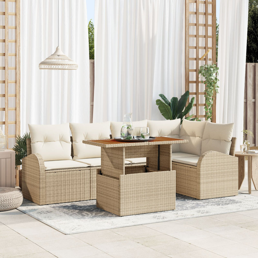 6-Delige Tuin Eetset Met Kussens Beige Poly Rattan Acacia