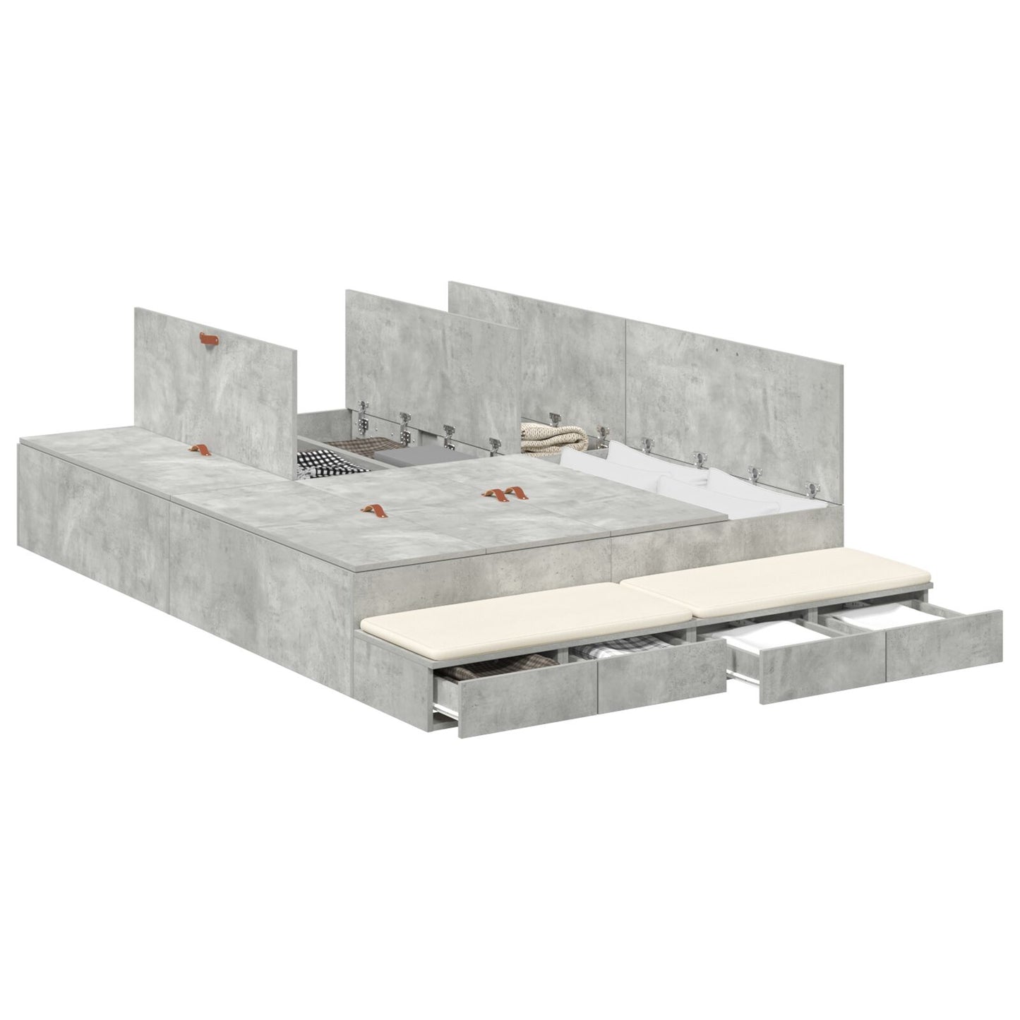 Opbergbedframe Grijs Bewerkt Hout 135,5 X 190 X 31,5 Cm Artisanaal Eiken
