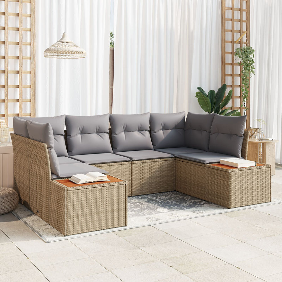 6-Delige Tuinsofa Set Met Kussens Beige Poly Rattan Acacia
