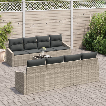 7-Delige Tuinbankset Met Kussens Lichtgrijs Poly Rattan Gegalvaniseerd Staal