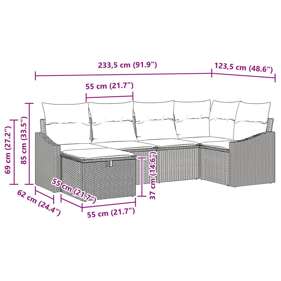 6 Delige Tuin Sofa Set Met Kussens Zwarte Poly Rattan