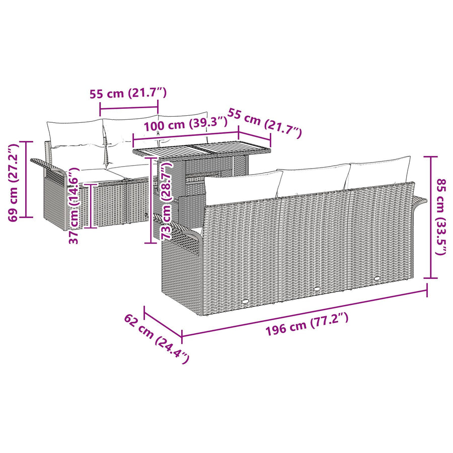 7-Delige Tuinbank Set Met Kussens Beige Poly Rattan Acacia