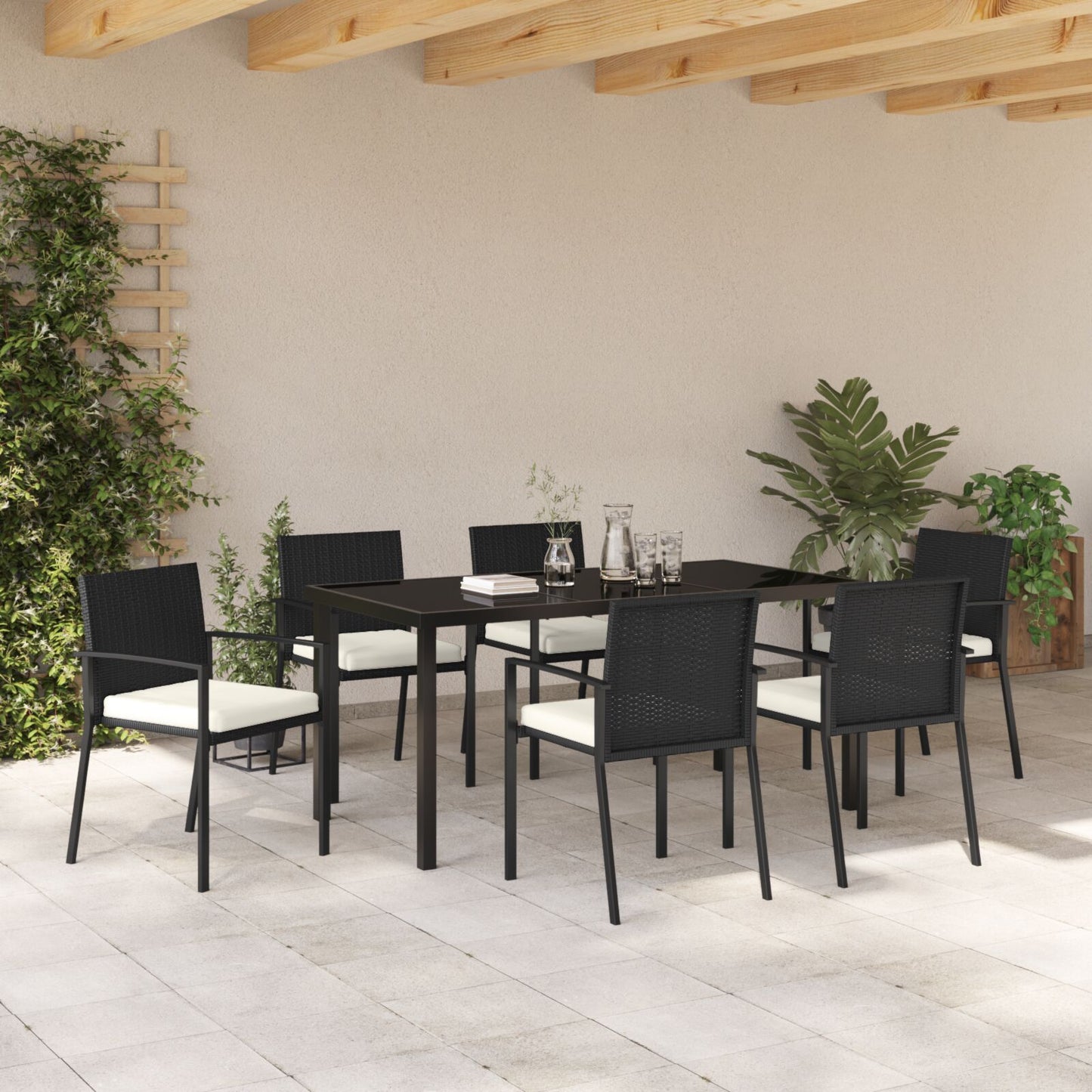 7-Delige Tuin Eetset Zwart Poly Rattan