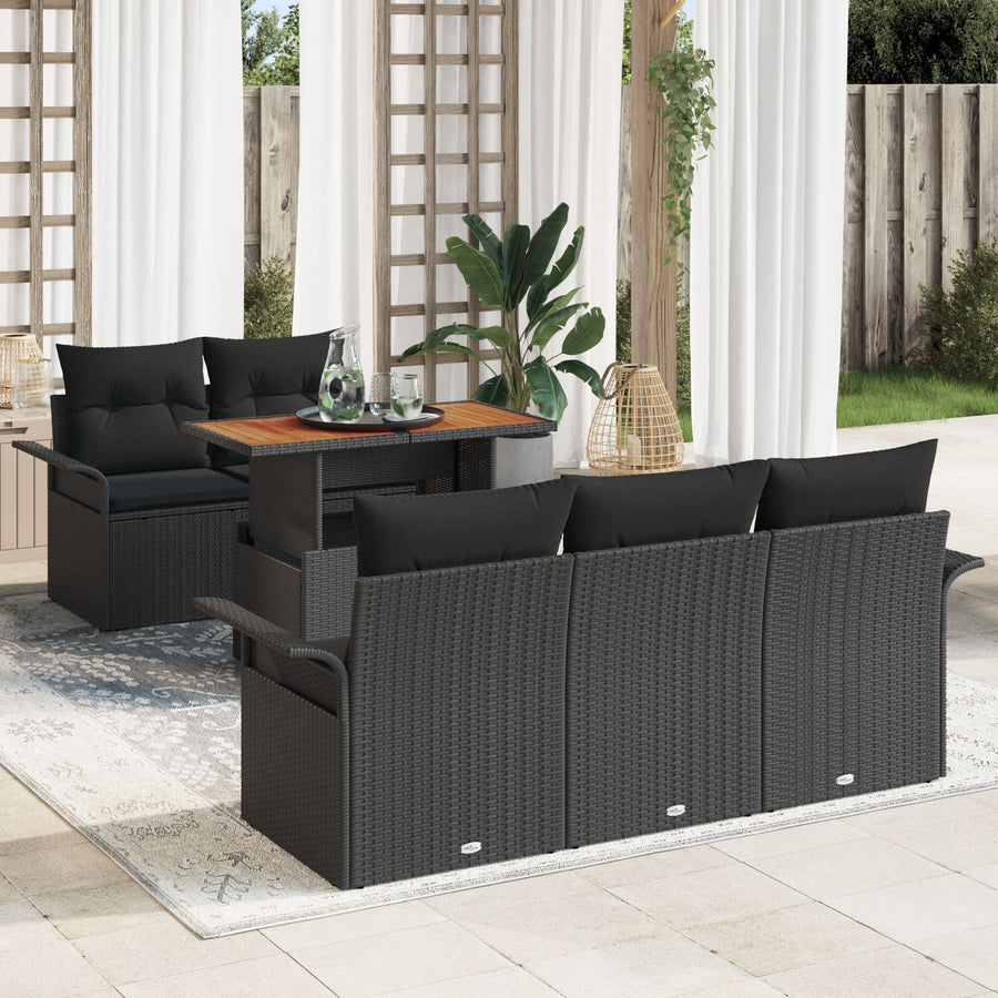 6-Delige Tuin Sofa Set Met Kussens Zwart Poly Rattan Acacia
