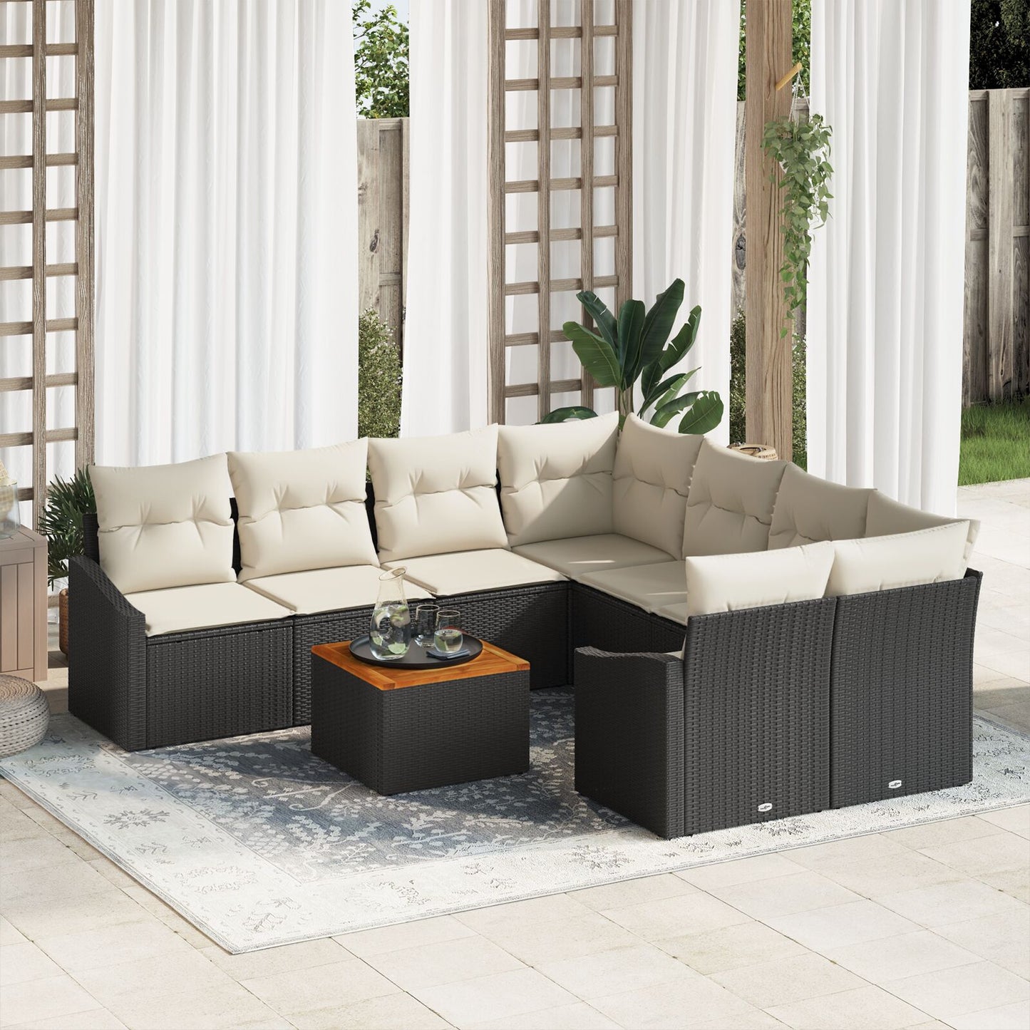 9-Delige Tuin Sofa Set Met Kussens Zwart Poly Rattan Acacia