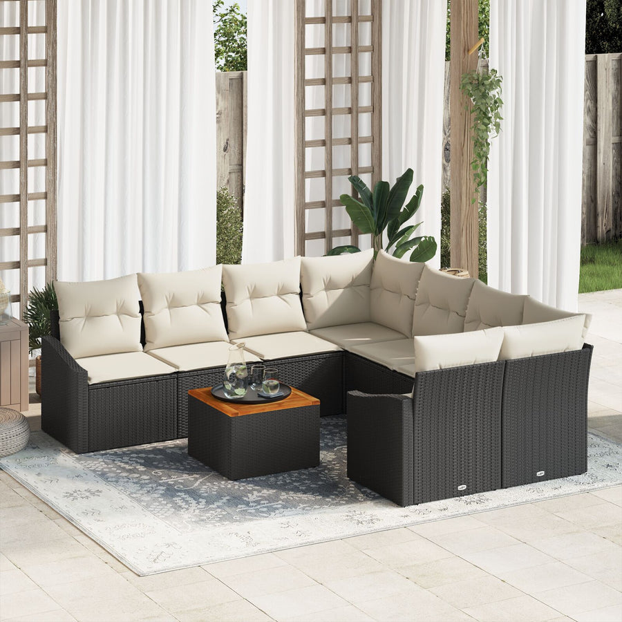 9-Delige Tuin Sofa Set Met Kussens Zwart Poly Rattan Acacia