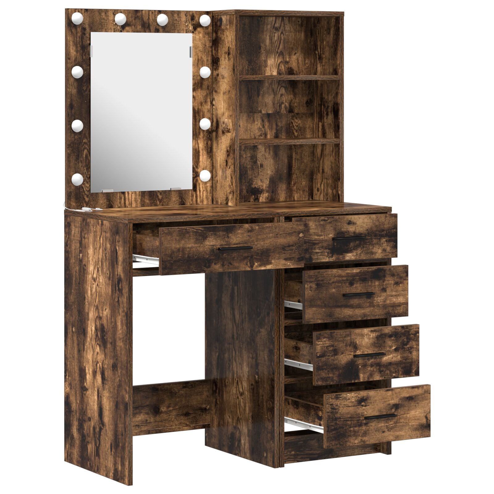 2-Delige Make-Uptafel Set Met Led Gerookt Eiken Geengineerd Hout