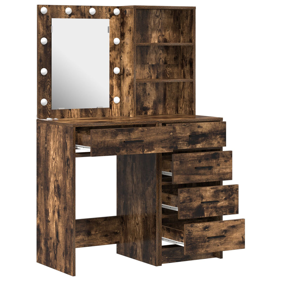 2-Delige Make-Uptafel Set Met Led Gerookt Eiken Geengineerd Hout
