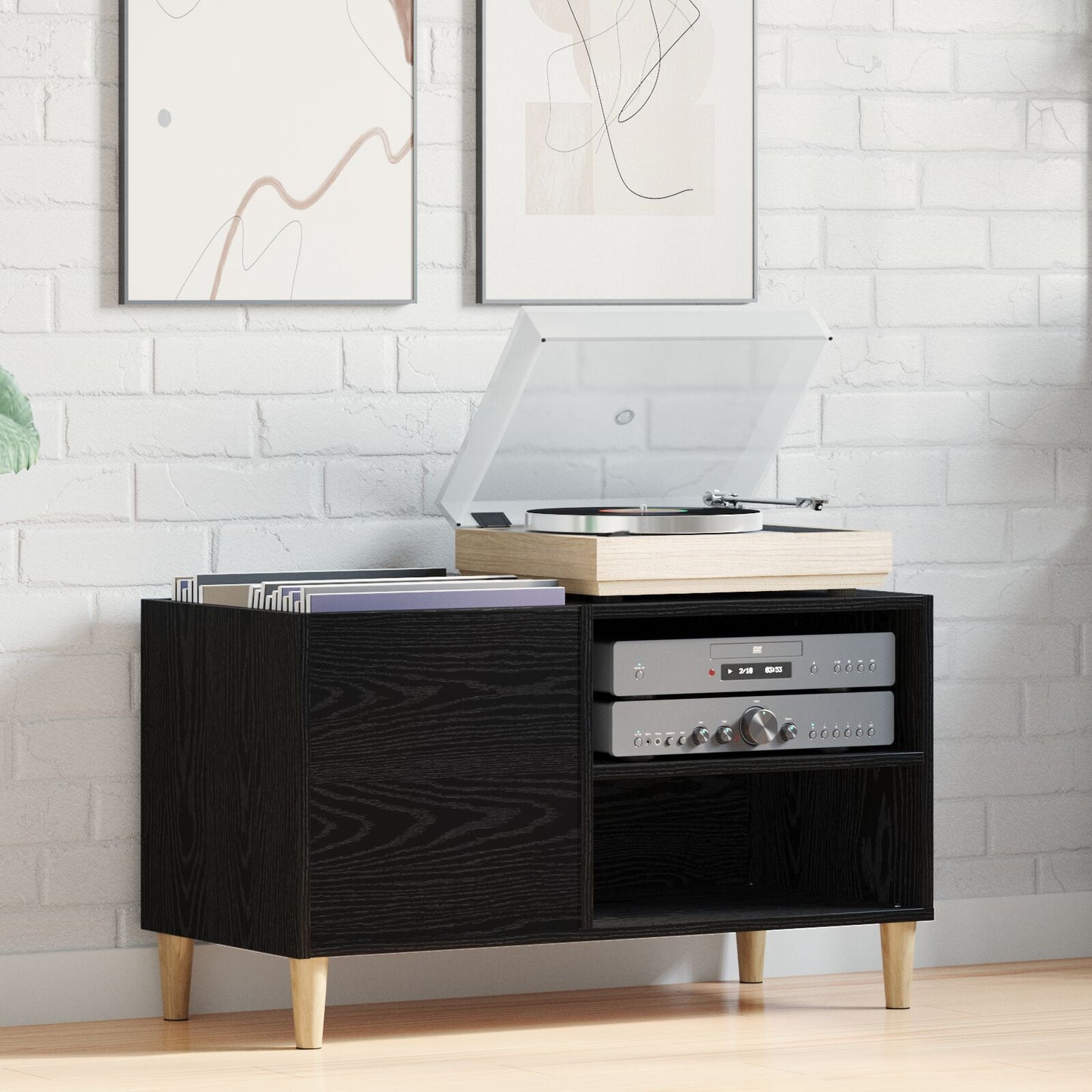 Record Kast Bewerkt Hout Zwart eiken