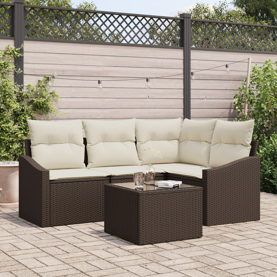 Tuinbankset Set Van 5 Crème, Bruin Synthetisch Riet, Polyester