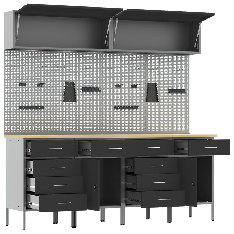 10-Delige Werkcabinet En Pegboard Set Mdf En Metaal 4x (2x84/2x85 cm) Zwart 4x kast + 4x pegboard + 2x kast met deur