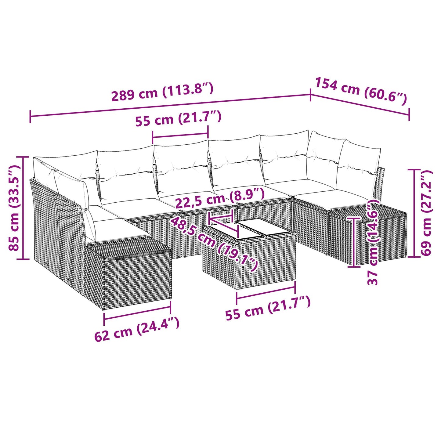 8 Piece Tuin Sofa Set Met Kussens Zwart Poly Rattan